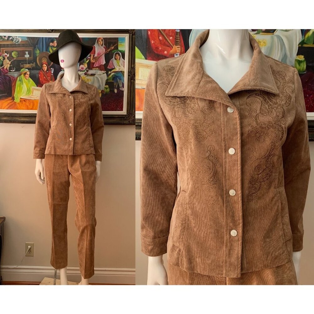 Alia Petite Women’s Vintage Embroidered Corduroy Blazer Jacket and Pantsuit